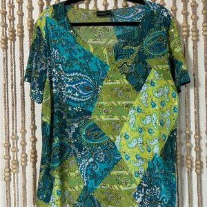 Alfani Teal & Lime Patchwork Paisley Short Sleeve Tee